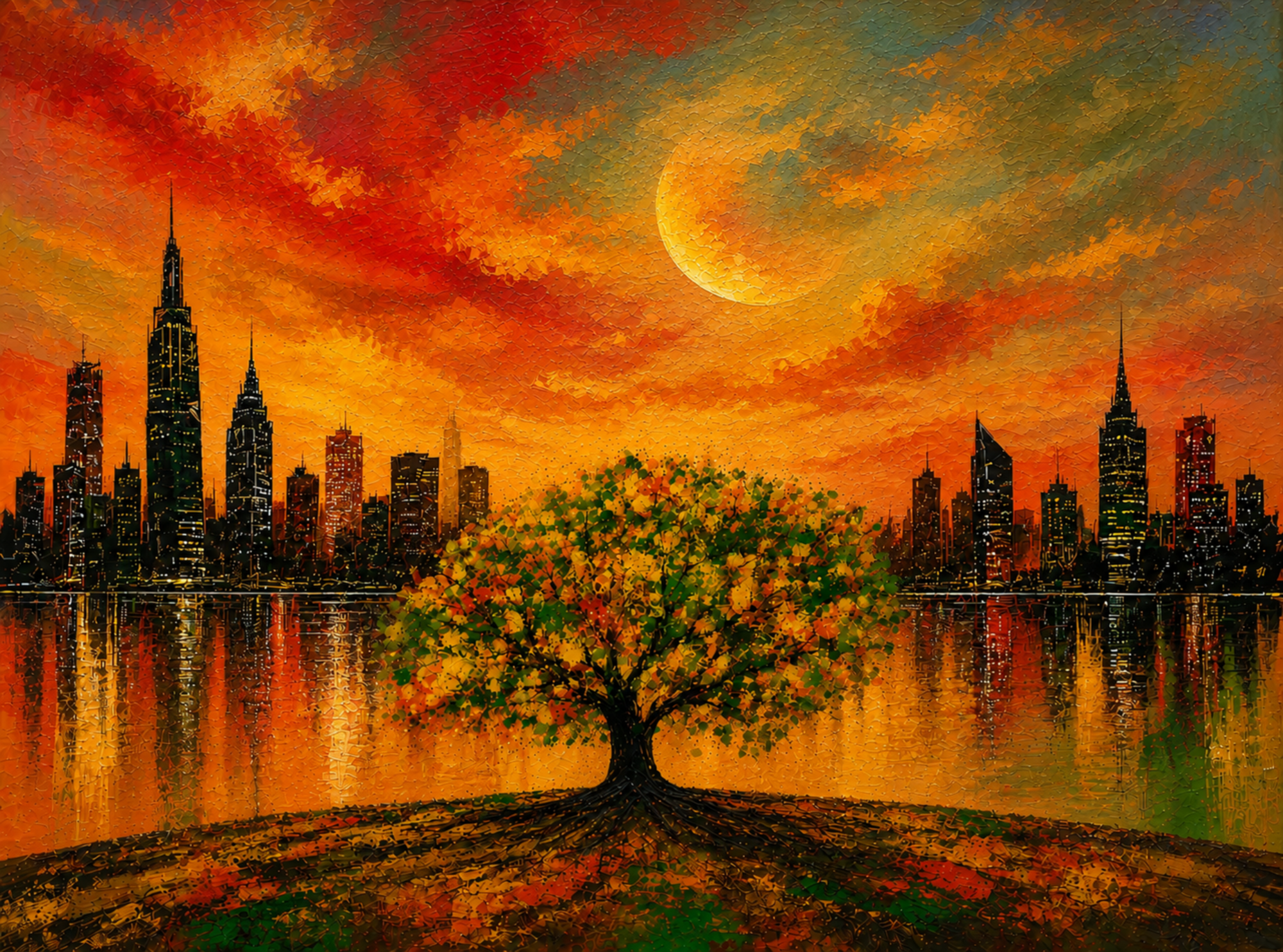 Urban Roots of Radiance – Abstract Cityscape Tree on 24" X 36" Canvas