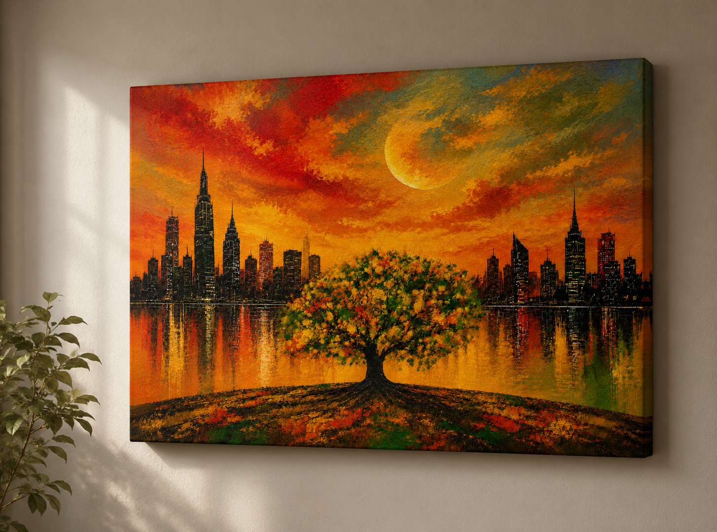 Urban Roots of Radiance – Abstract Cityscape Tree on 24" X 36" Canvas